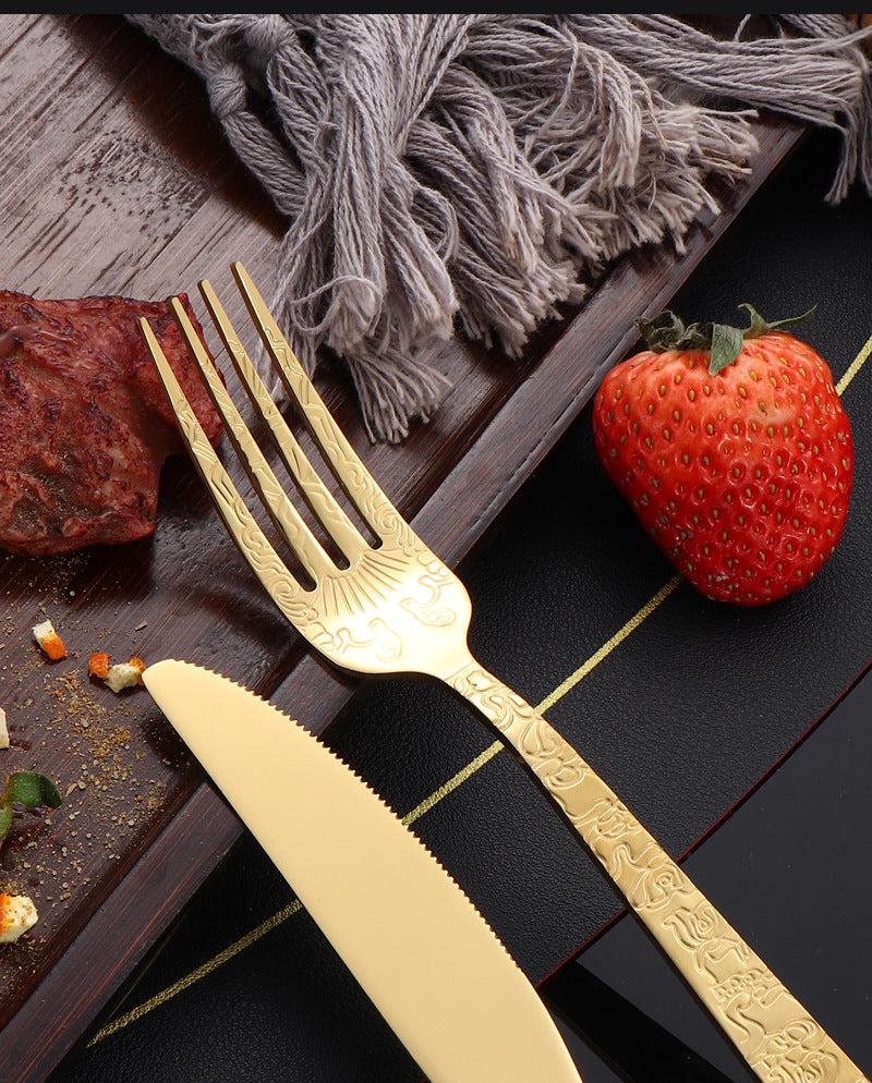 410Stainless Steel Tableware Hotel Restaurant Totem Knife Fork Spoon Set Vintage Pattern Western Steak Knife Fork