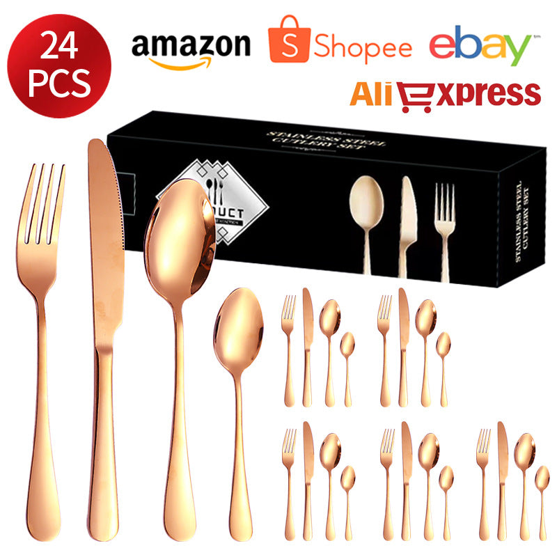 1010Stainless Steel Cutlery Set Hotel Titanium Coated Western Steak Knife Fork Spoon Tea Spoon24Set