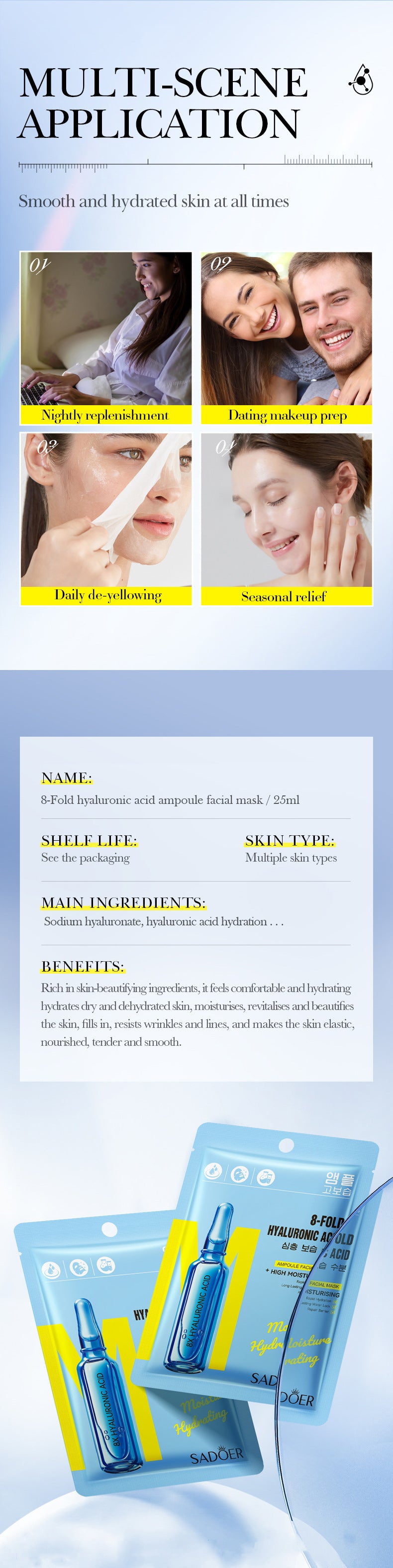 8Heavy Hyaluronic Acid Skin Rejuvenation Mask SADOER Moisturizing and Hydrating Face Mask Wholesale for  Trade
