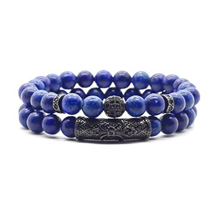 Men's Black Matte Bracelet Set with Micro Pave Zirconia Spacers8mm Beaded Bent Tube Turquoise Lapis Lazuli Double Row Bracelet