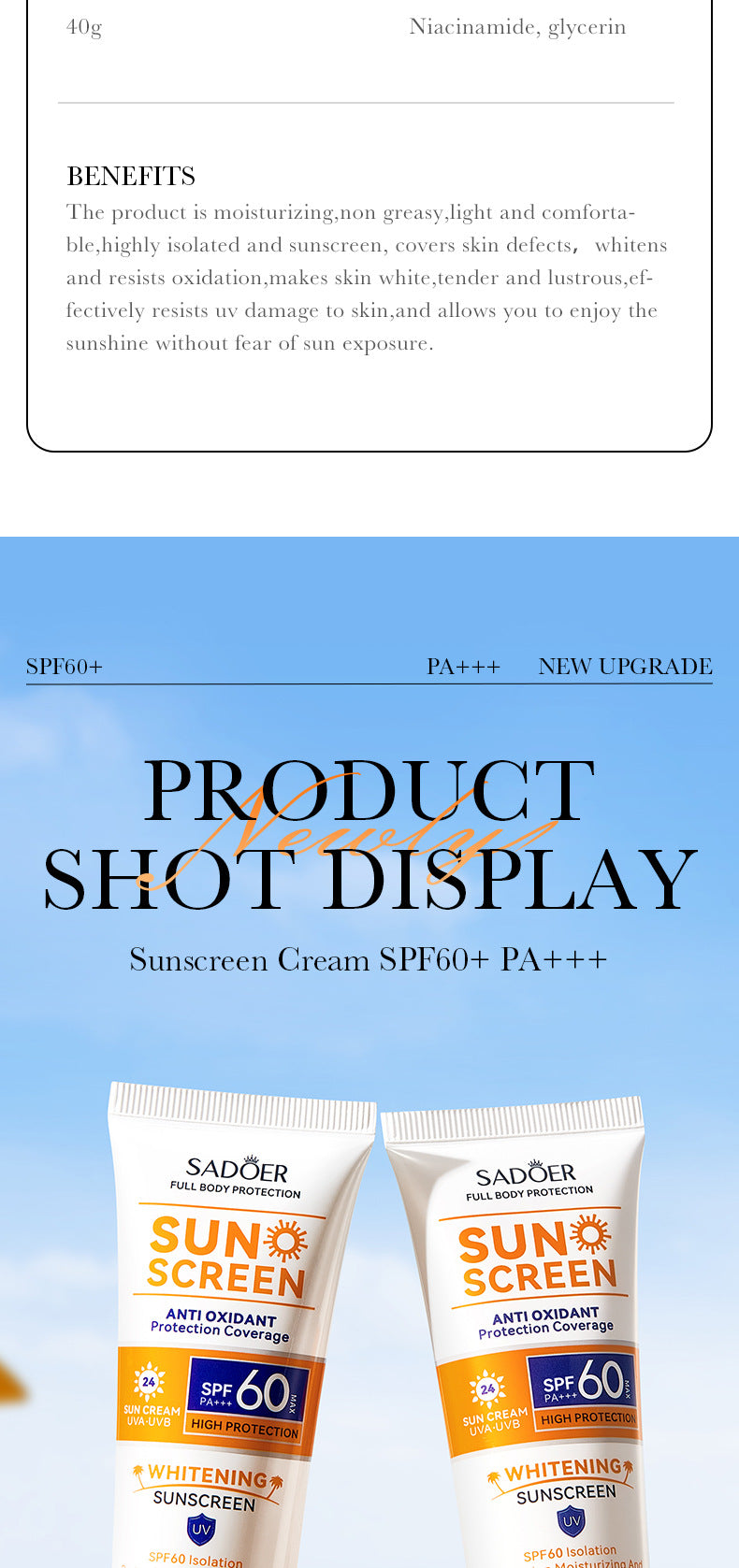 SPF60+Sunscreen40g SADOER Isolation UV Protection Sunscreen Lotion  Wholesale