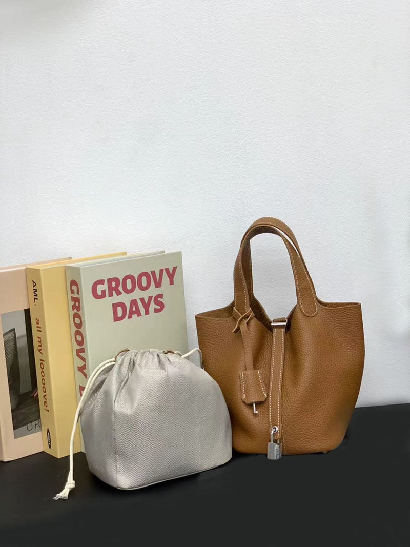Women's Basket Bag2025New High-End First Layer Cowhide Bucket Bag Casual Handheld Women's Tote Bag Trendy
