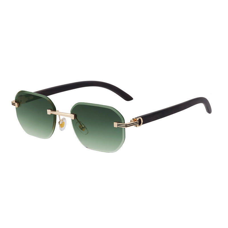 【Customization】Diamond Cut Rimless Glasses for Men, European and American Retro Style, Imitation Wood Grain Temple Sunglasses, Sun Protection Sunglasses
