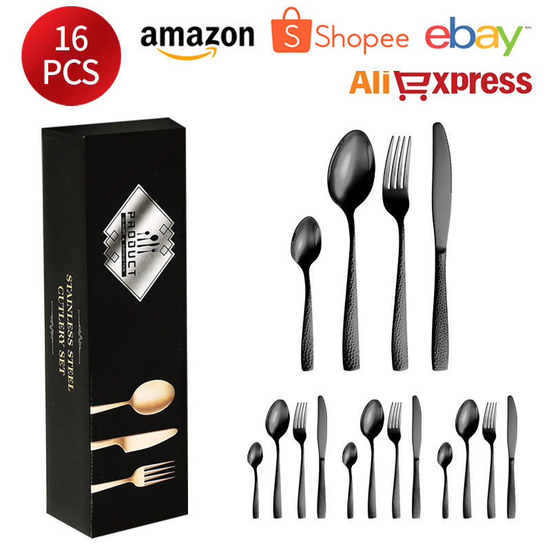 410Stainless Steel Cutlery Restaurant Western Hammered Square Handle Knife Fork Spoon Set Hotel Home Steak Knife Fork