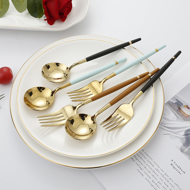 304Stainless Steel Portuguese Tableware Creative Lathe Craft Glossy Mirror Black Gold Round Spoon Dessert Spoon Fork