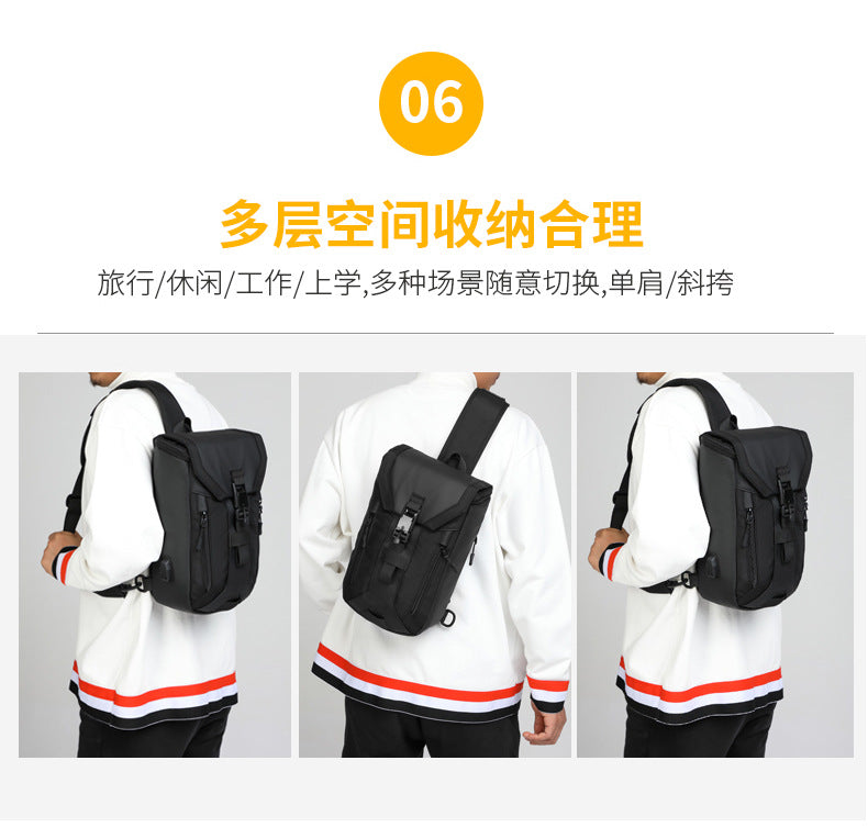 OZUKO Men's Chest Bag Trendy Brand USB Crossbody bag, water-resistant, lightweight, large capacity, single shoulder bag, outdoor chest bag
