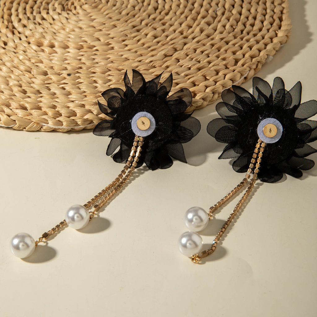 European and American Style Exaggerated Imitation Pearl Tassel Flower Earrings Fresh and Elegant Temperament Earrings for Women