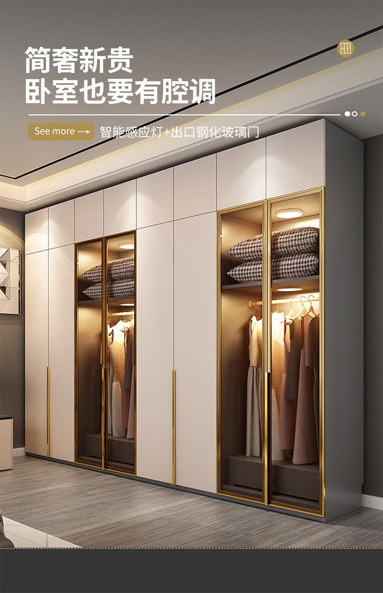 Flat Door Glass Door Wardrobe Modern Household Bedroom Cloakroom Four-Six-Eight Door Assembly Wardrobe Storage Large Wardrobe