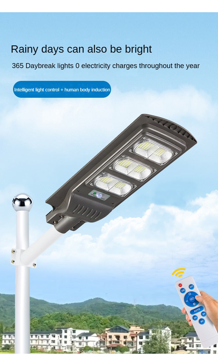 Integrated solar street light with human body induction for outdoor garden, automatic lighting, IP65 waterproof.