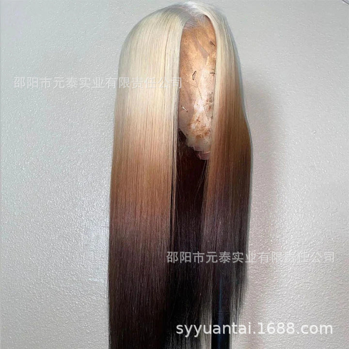 gold Brown Gradient Highlight Synthetic Wig Cross-Border Europe and America Blonde Ombre 13*4 Lace Front