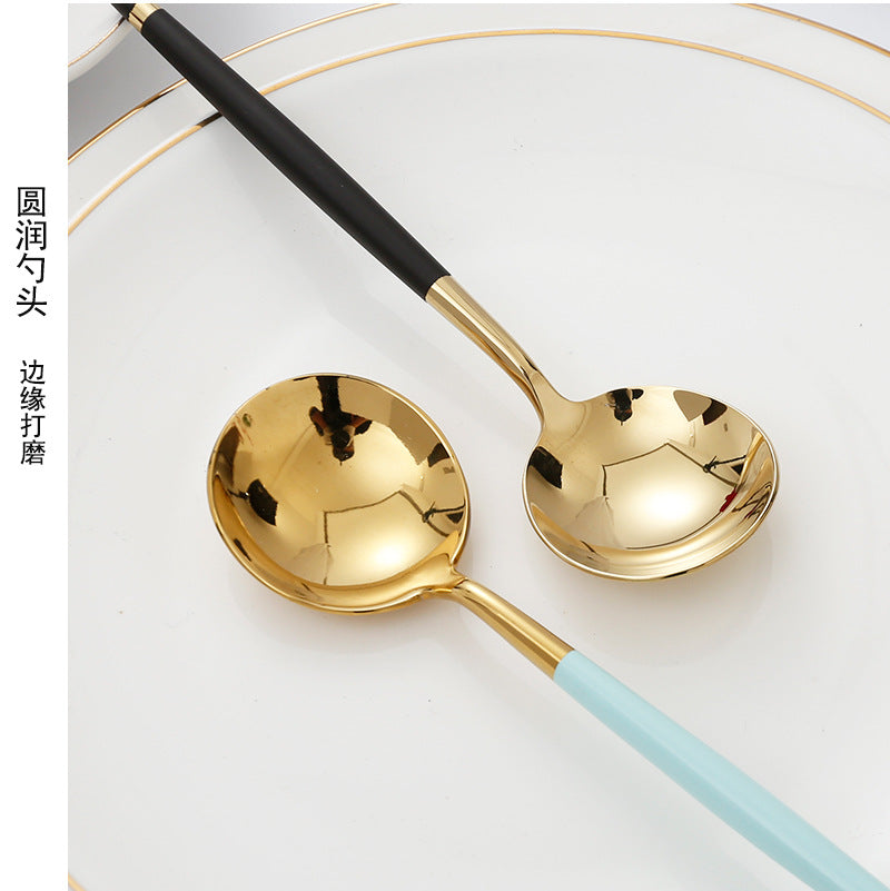 304Stainless Steel Portuguese Tableware Creative Lathe Craft Glossy Mirror Black Gold Round Spoon Dessert Spoon Fork