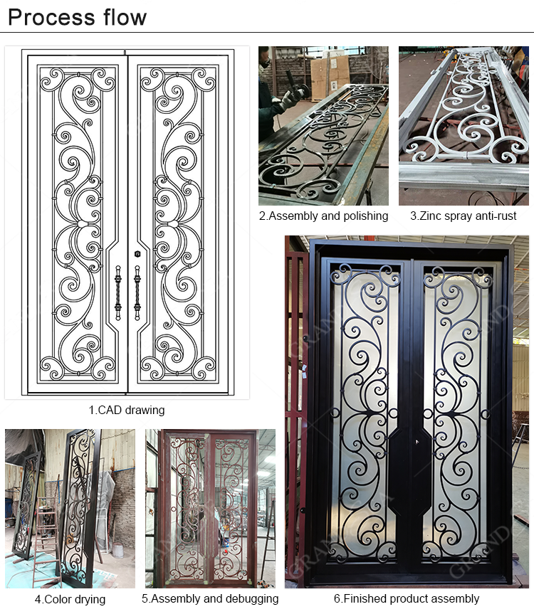 Modern House Exterior Door Double Tempered Glass Door Entry Wrought Iron Door Design