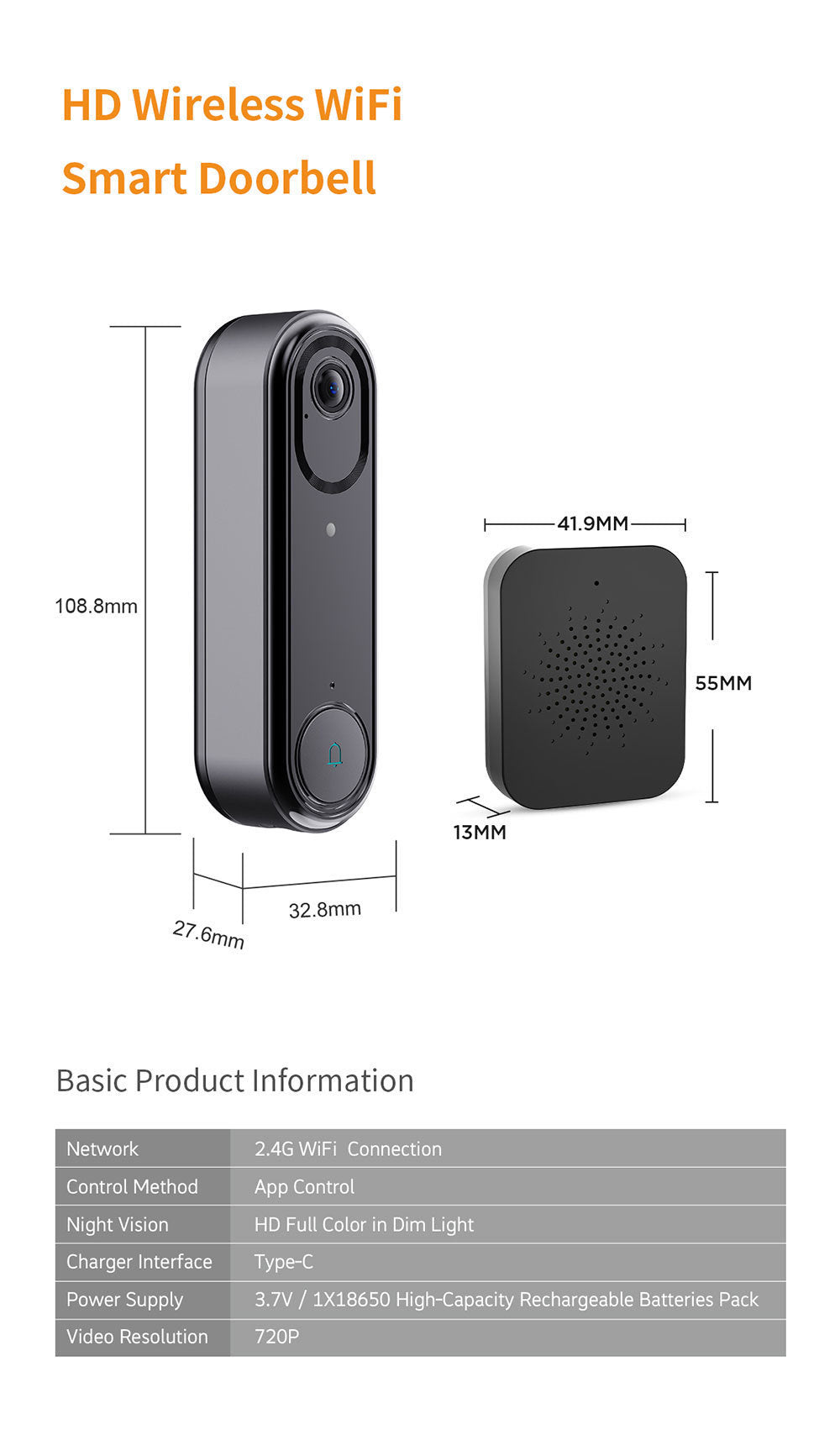 Intelligence Z80Doorbell for Home Use Low Power Consumption Wireless wifi Video Doorbell HD Night Vision Surveillance Doorbell with Ding Dong