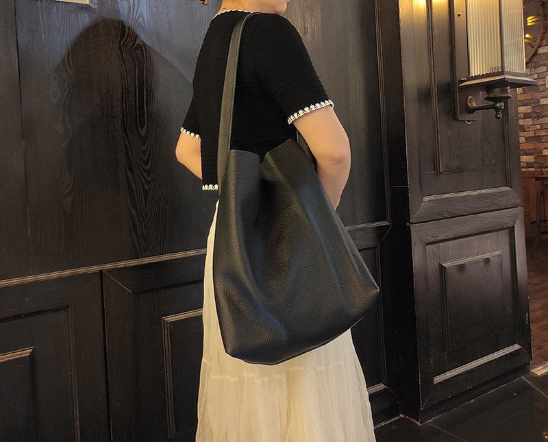 Women's Genuine Leather Underarm Bag, Large Capacity Single Shoulder Tote Bag, Top Layer Cowhide Commuter High-End Bucket Bag