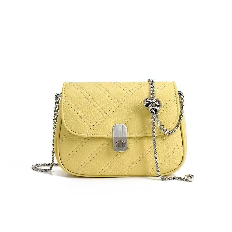 Genuine Leather Women's Bag New Metal Chain Small Square Bag Simple Versatile Chanel Style Single Shoulder Solid Color Embroidered Thread Crossbody Bag