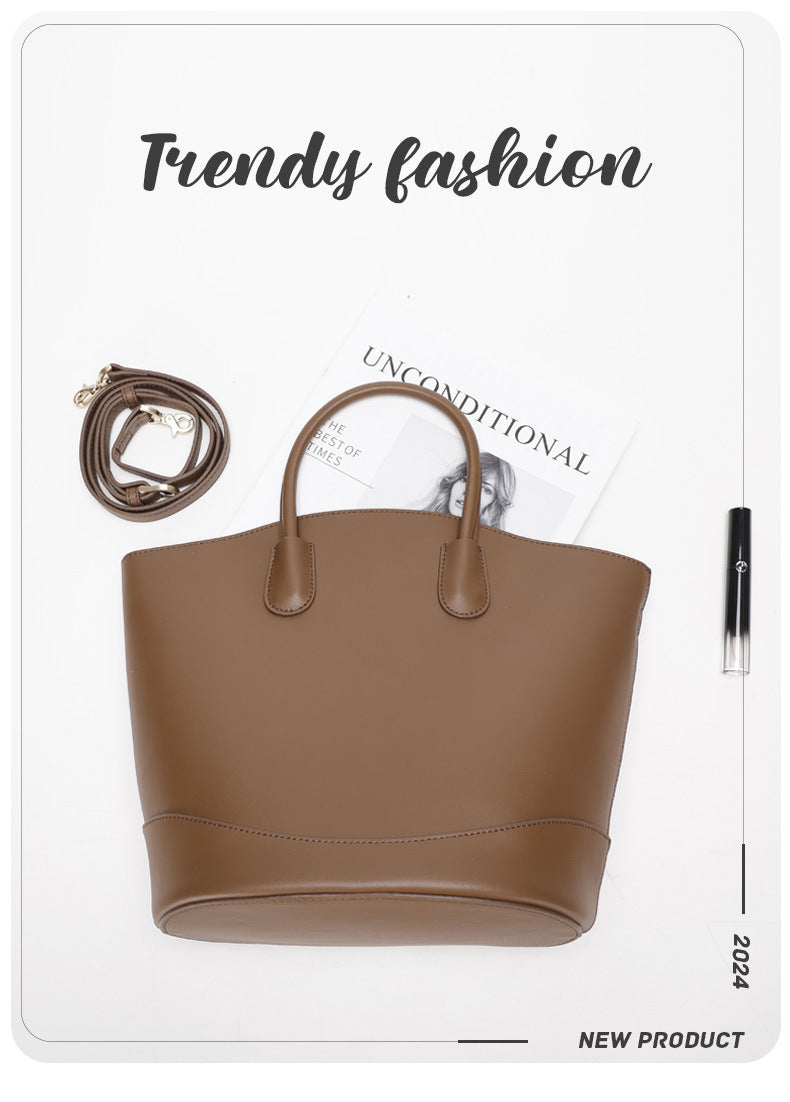 Vintage Large Capacity Commuter Tote Bag Cowhide Bucket Bag Crossbody Shoulder Bag for Women
