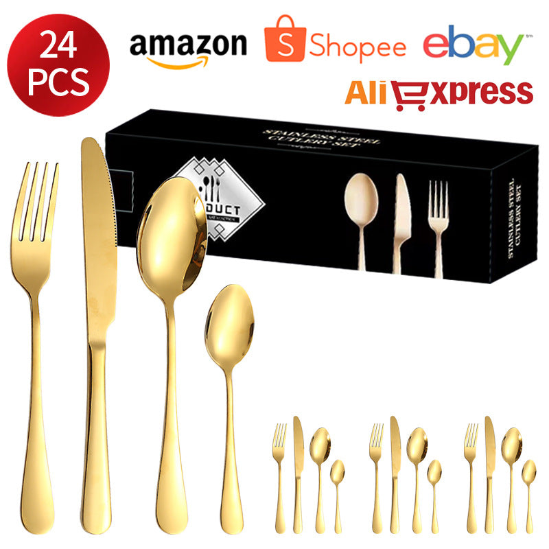1010Stainless Steel Cutlery Set Hotel Titanium Coated Western Steak Knife Fork Spoon Tea Spoon24Set