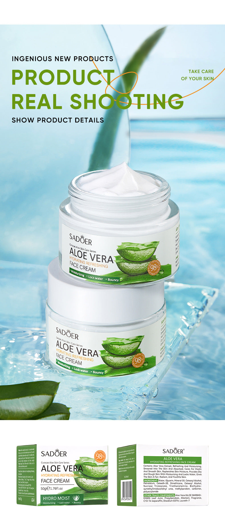Aloe Vera Skincare Set SADOER Cleansing, hydrating, moisturizing, and nourishing  foreign trade manufacturer wholesale