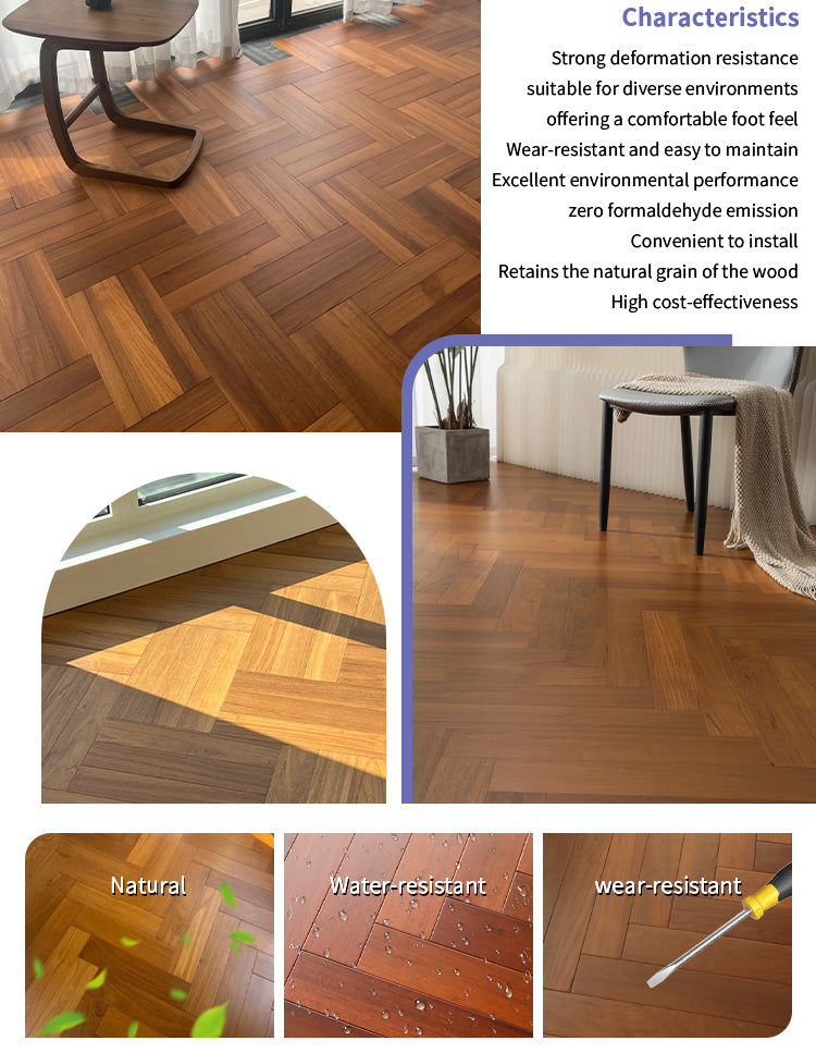 14mm Engineered Teak Herringbone Wood Flooring | Stable Construction | Custom Surface for Residential Outdoor Exterior Use |