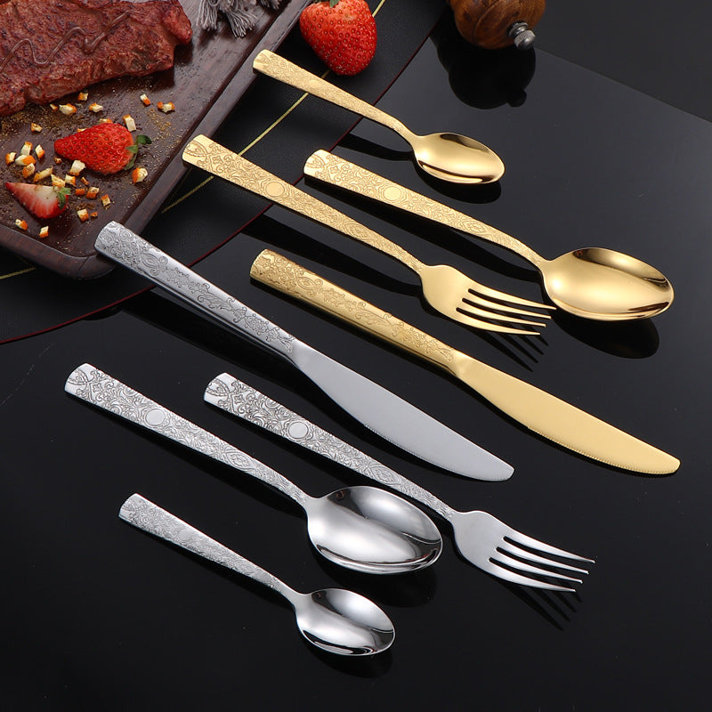 410Stainless Steel Tableware Hotel Restaurant Totem Pattern Knife Fork Spoon Four-Piece Set Western Steak Knife Fork24Set
