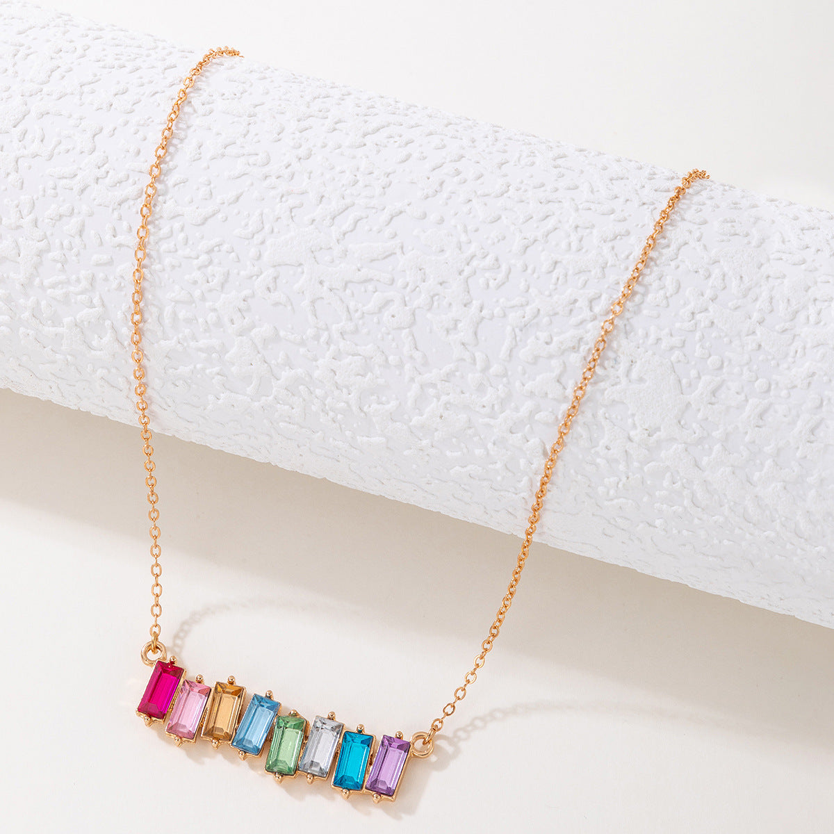 European and American Style Jewelry Colorful Square Inlaid Diamond Single Necklace Geometric Chain Imitation Gemstone Single Layer Collarbone Chain