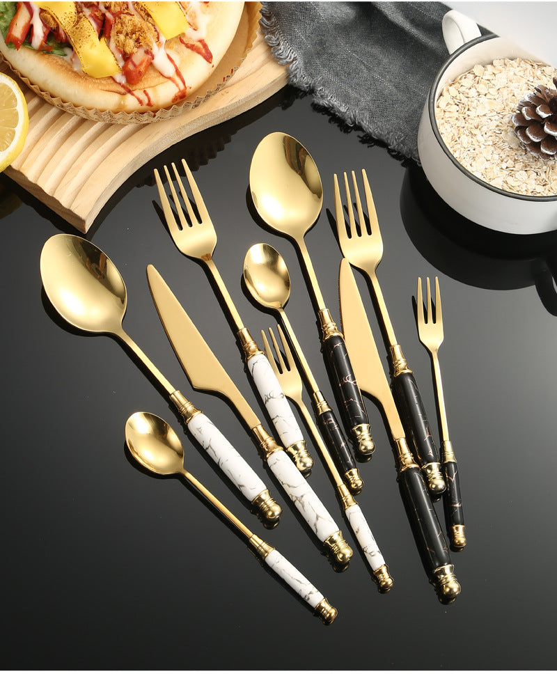 Stainless Steel Cutlery Restaurant Western Steak Knife Fork Imitation Marble Pattern Ceramic Handle Knife Fork Spoon Tea Spoon Tea Fork Set