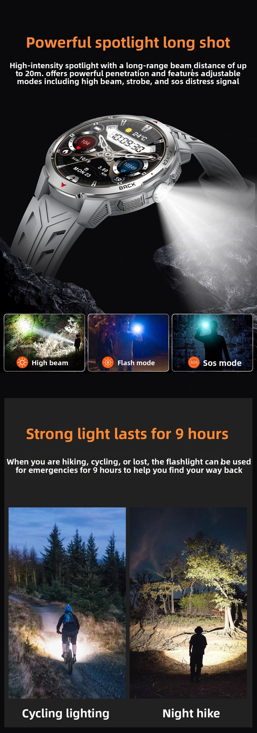 KT88Smart Watch Bluetooth Call Heart Rate Pedometer Sleep Compass Flashlight Deep Waterproof Three-Proof Sports
