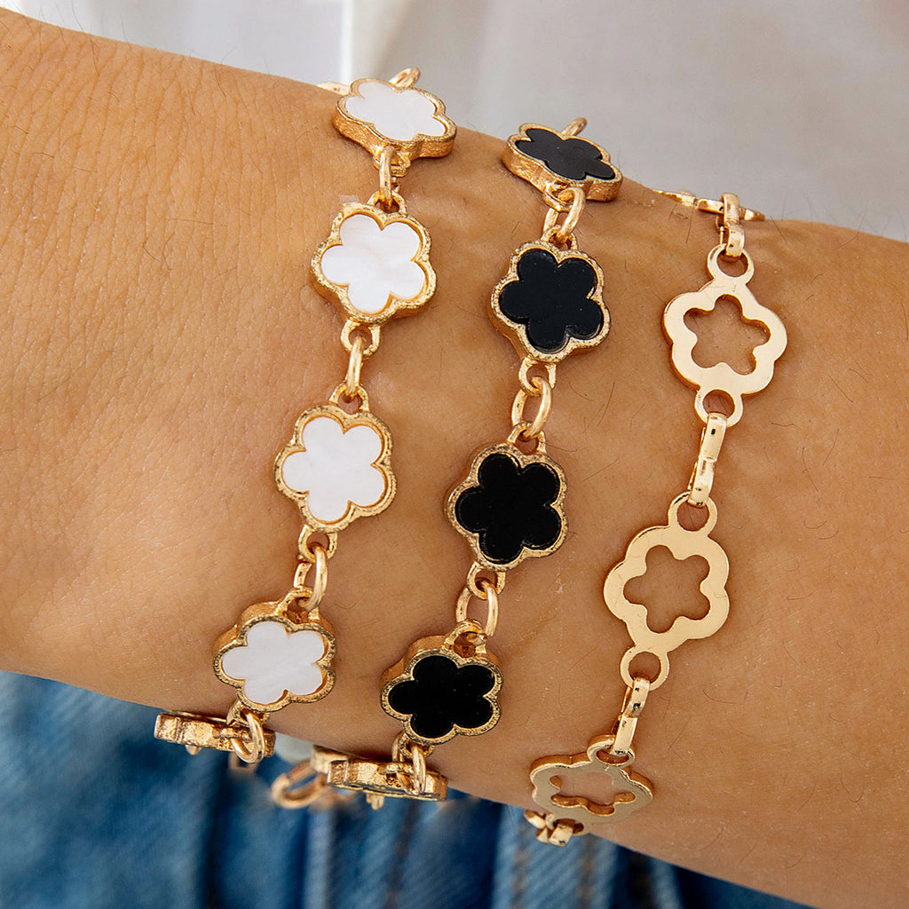 European and American Fashion Alloy Inlaid Diamond Five-Leaf Clover Bracelet Jewelry Three-Piece Set Simple Geometric Smooth Bracelet Wholesale