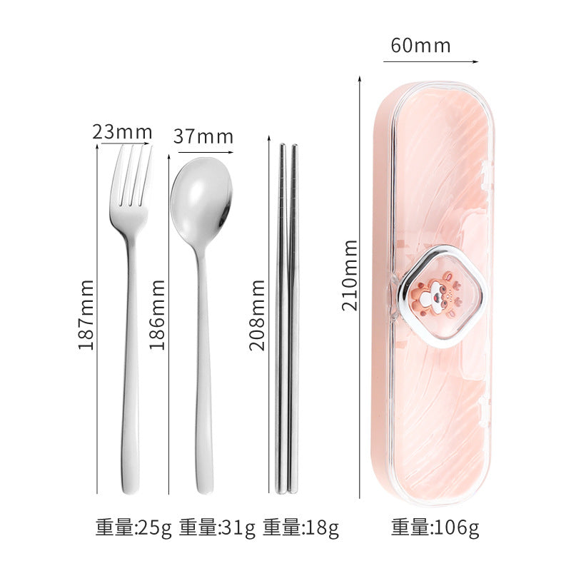 304Stainless Steel Tableware Student Cartoon Portable Tableware Set Work Outdoor Fork Spoon Chopsticks Three-piece Set