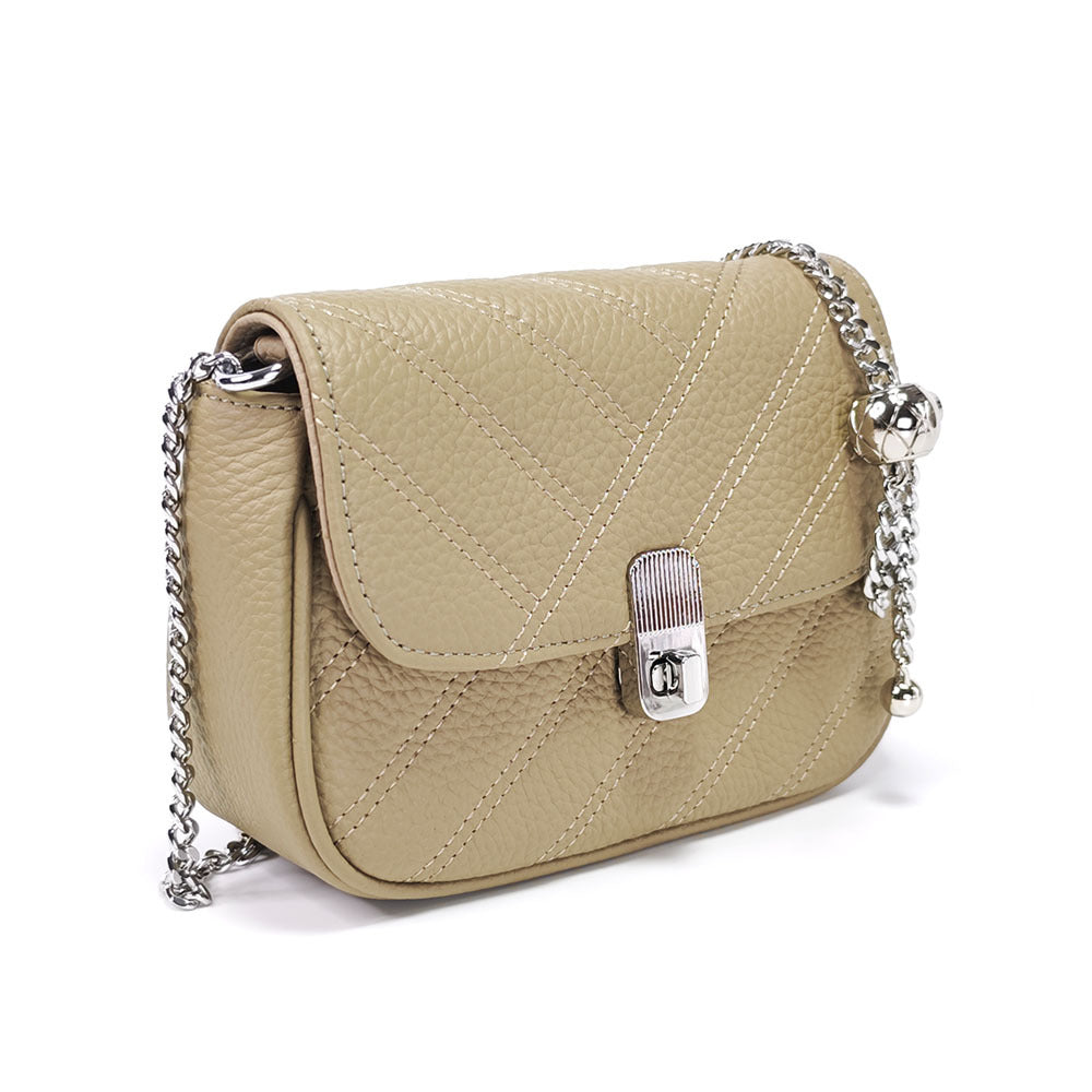 Genuine Leather Women's Bag New Metal Chain Small Square Bag Simple Versatile Chanel Style Single Shoulder Solid Color Embroidered Thread Crossbody Bag