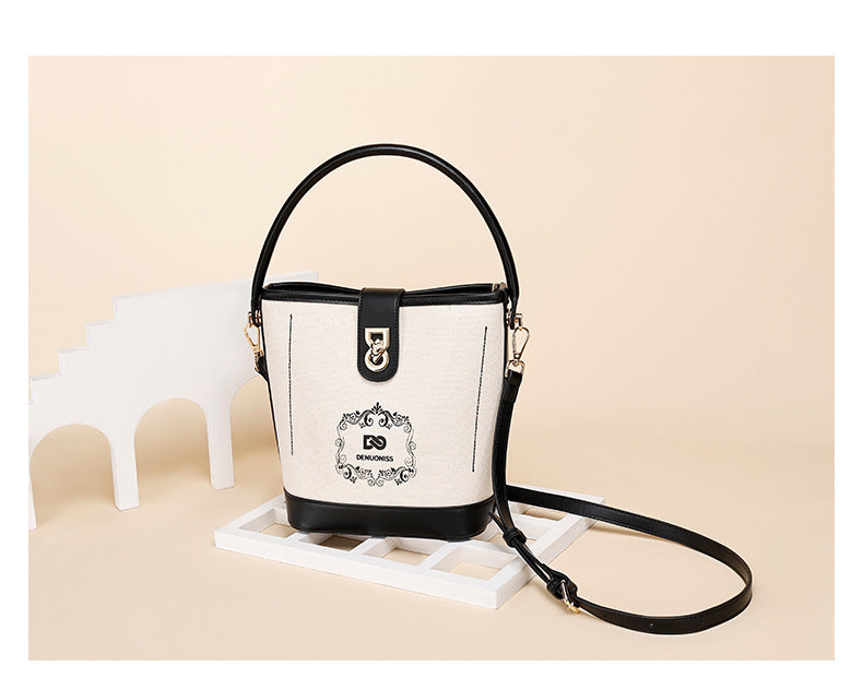 Korean Style Simple Canvas Contrast Color Bucket Bag Women's Stitching Portable and Fashion Women's Bag Versatile Messenger Bag