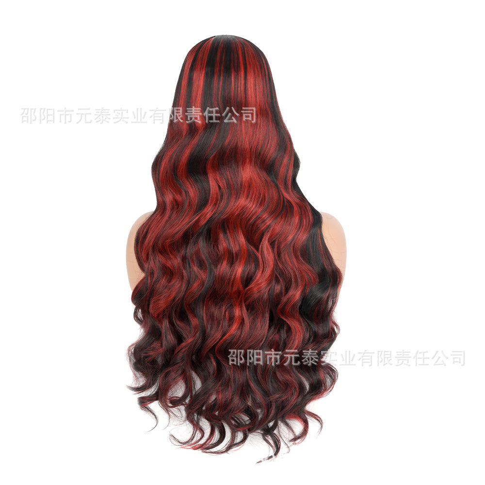Wig for Women, Front Lace, Wavy Long Curly Hair, Red and Black Gradient Color, High-Temperature Fiber, Synthetic Hair Wig, European and American Cross-Border
