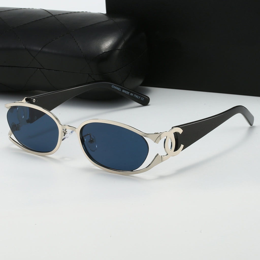 Chanel Style Double C Letter Sunglasses Metal Frame gold Hollow Temple Sunglasses for Women Oval Vintage Style Fashionable