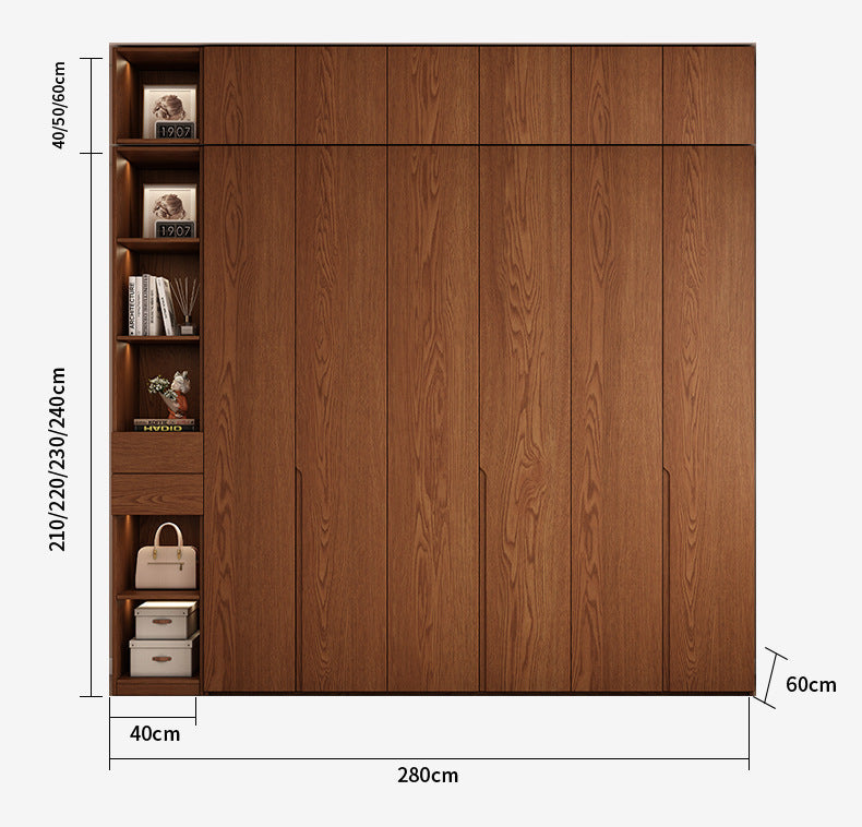 Oak Wardrobe Solid Wood Bedroom Household Handle-Free Storage Cabinet Walnut Color ENF Grade Combination Segmented Wardrobe