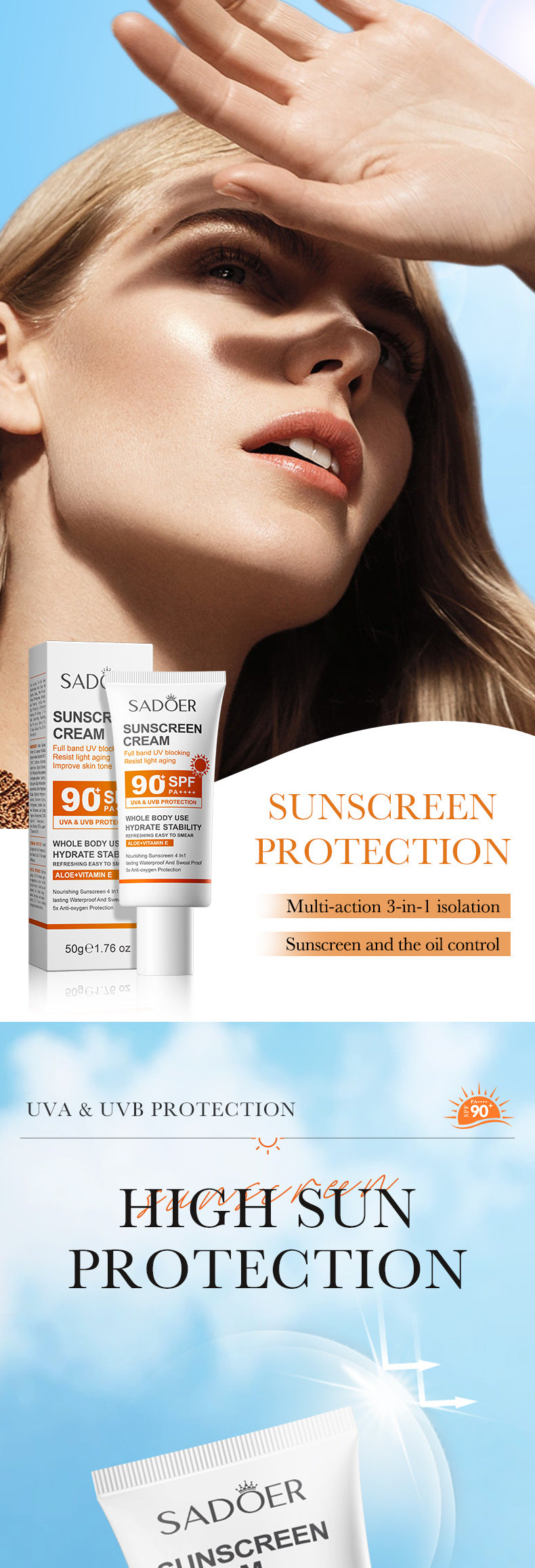 Sunscreen SADOER Clear Anti-Aging Refreshing UV Protection Sunscreen Lotion  Wholesale