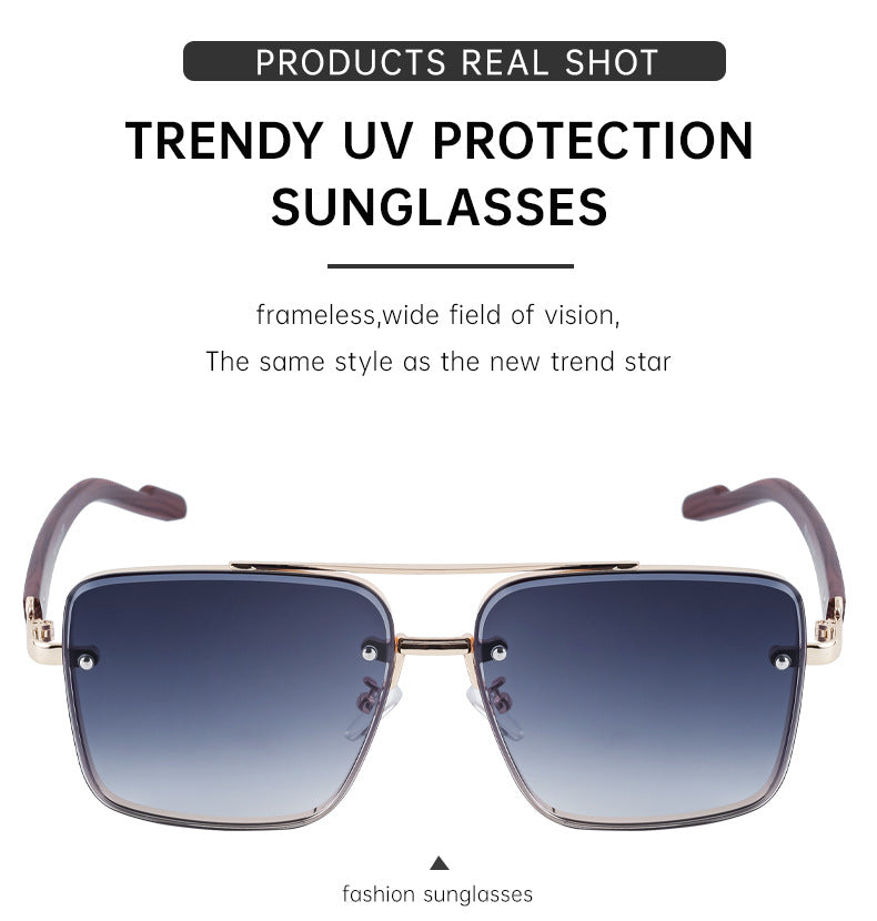 European and American Style Square Frame Cut Edge Sunglasses for Men with Imitation Wood Grain Temples, Men's Trendy Wholesale sunglass
