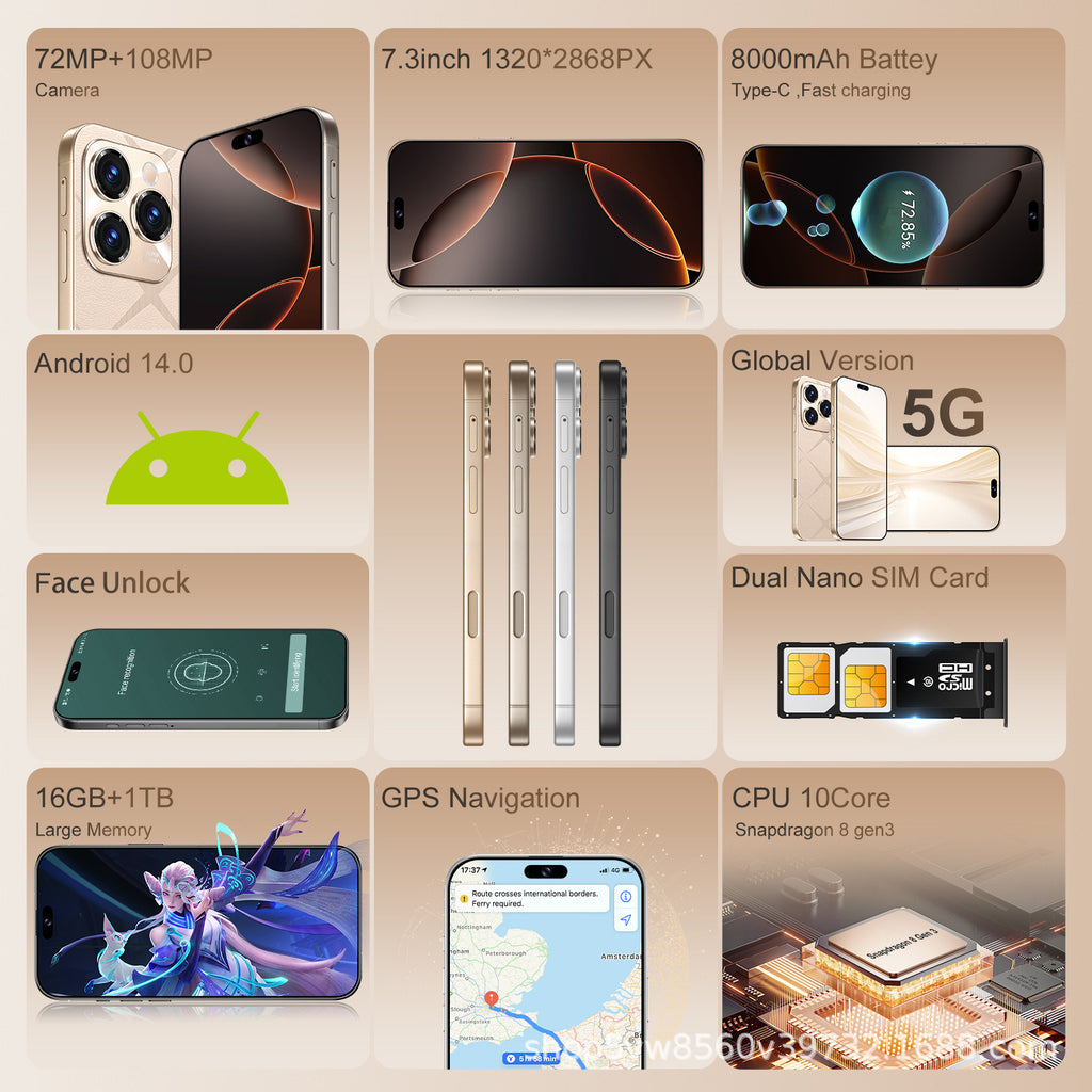 Hot Sale A16ProMax Android Intelligence5G Mobile Phone16+1T Factory Direct Sales Mobile Phones