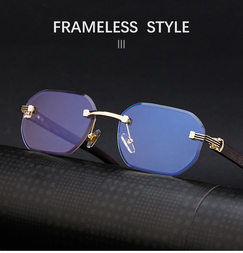 【Customization】Diamond Cut Rimless Glasses for Men, European and American Retro Style, Imitation Wood Grain Temple Sunglasses, Sun Protection Sunglasses