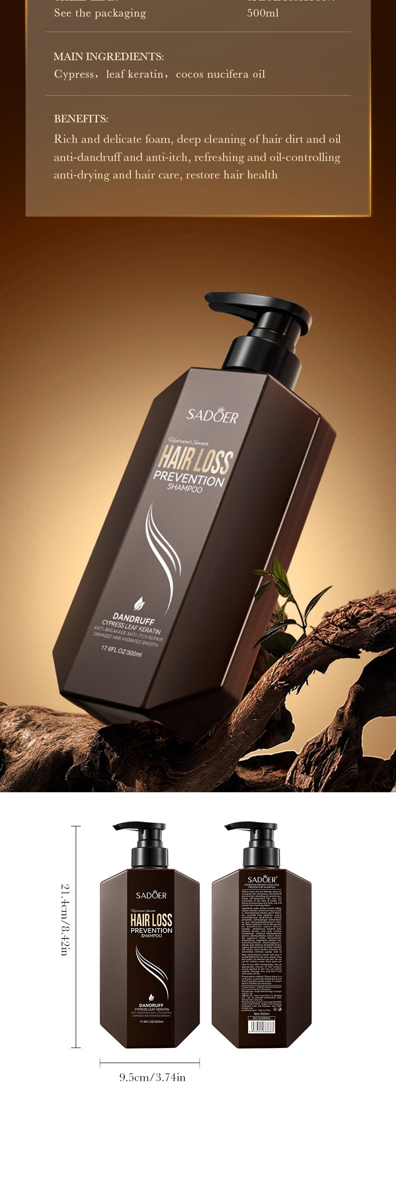 Shampoo500ml SADOER Hydrating Smooth Anti-Hair Loss Anti-Dandruff Shampoo  Wholesale