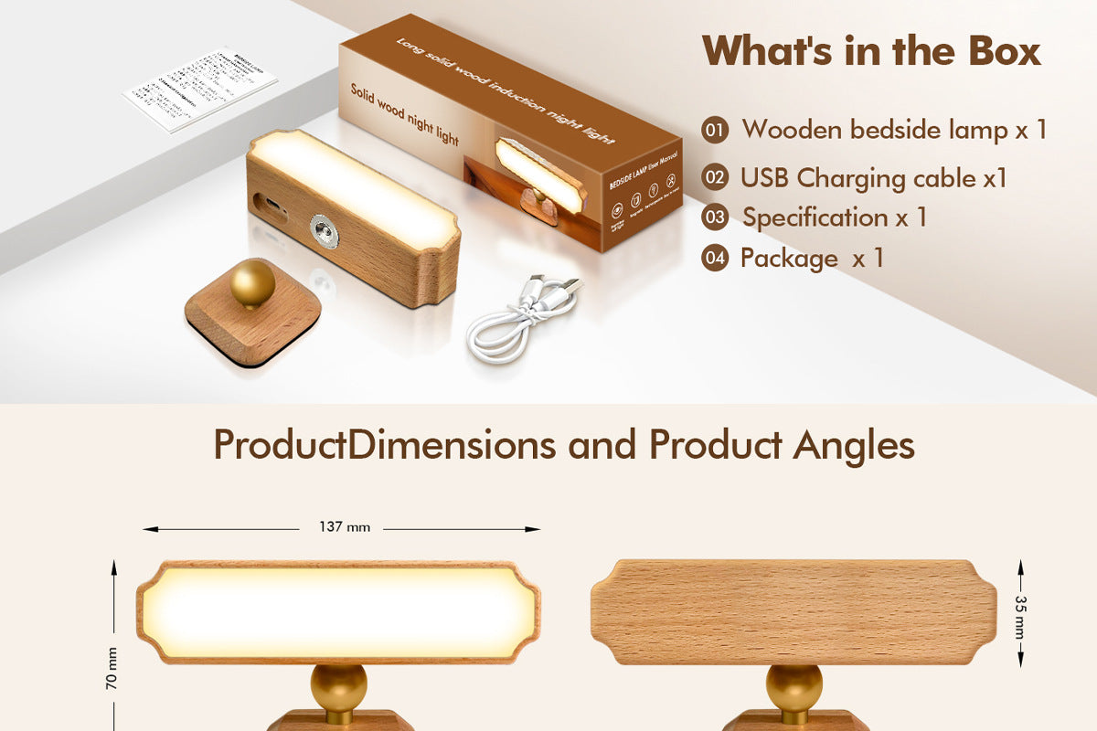 Solid Wood Wall Lamp Human Body Sensing Wireless Reading Wall Lamp Magnetic Night Light Desktop Warm Light Suitable for Staircase Corridor