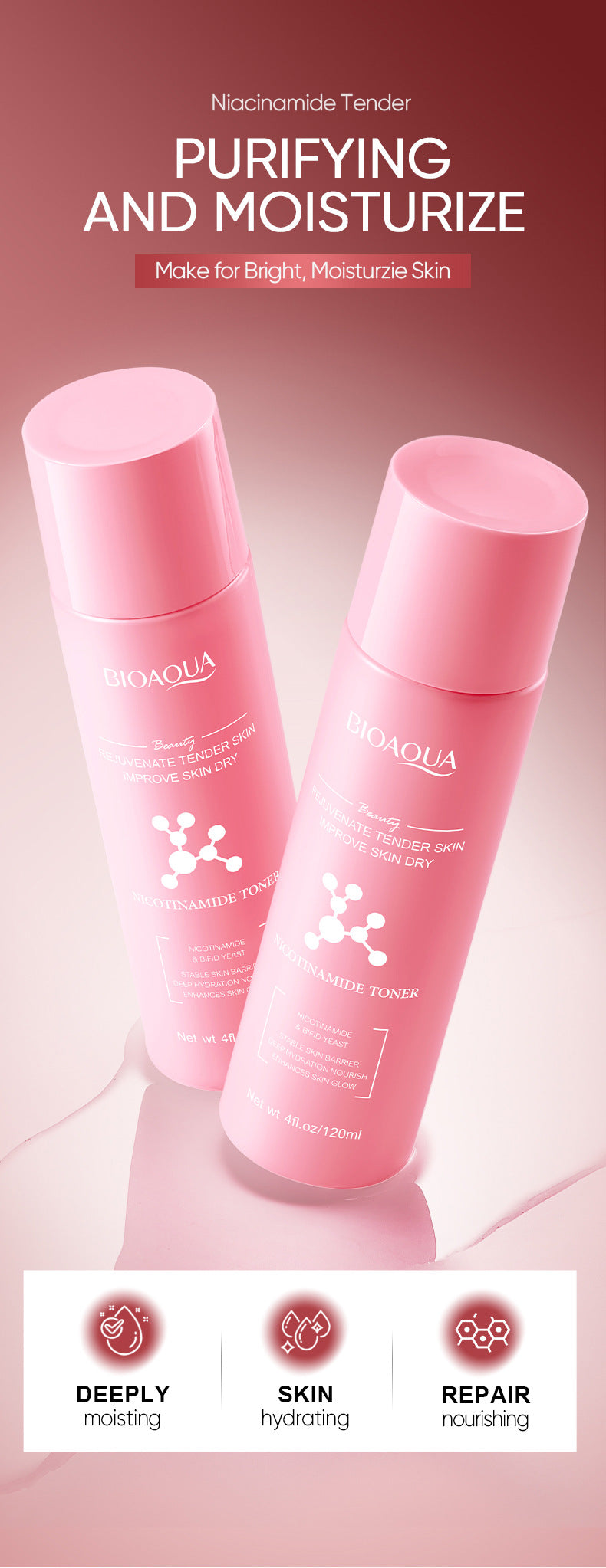 Niacinamide Skin Rejuvenating Toner BIOAOUA Moisturizing Hydrating Water Wholesale for Cross-Border Foreign Trade