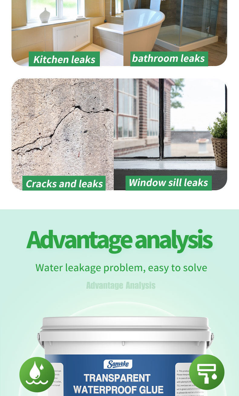Transparent Waterproof Adhesive Coating for Interior and Exterior Walls, Roofs, Bathrooms, Windowsills, Leak Repair, Odorless, No Wall Damage