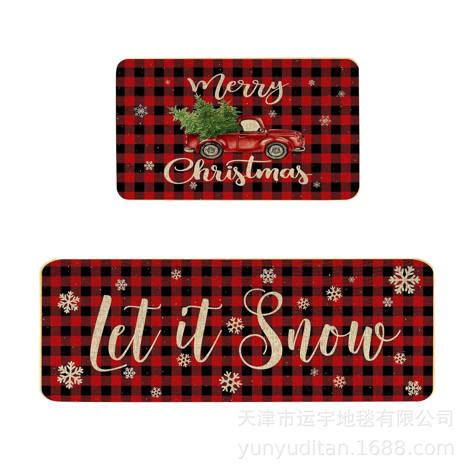 Christmas Kitchen Floor Mat Two-Piece Set Crystal Velvet Water-Absorbent Oil-Absorbent Non-Slip Foot Mat Holiday Decorative Floor Mat