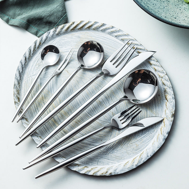 Portuguese Tableware304Glossy Round Handle Main Dinner Knife Fork Spoon Thick Mirror Dessert Spoon Fruit Fork Ice Spoon