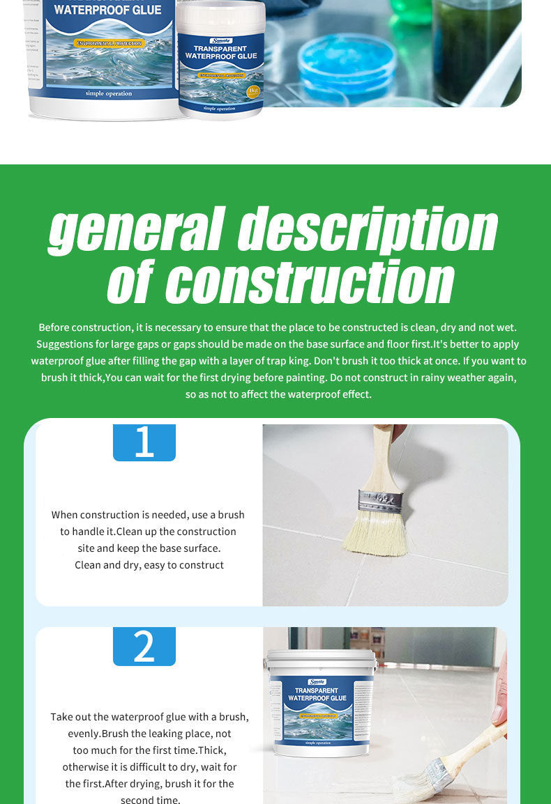 Transparent Waterproof Adhesive Coating for Interior and Exterior Walls, Roofs, Bathrooms, Windowsills, Leak Repair, Odorless, No Wall Damage
