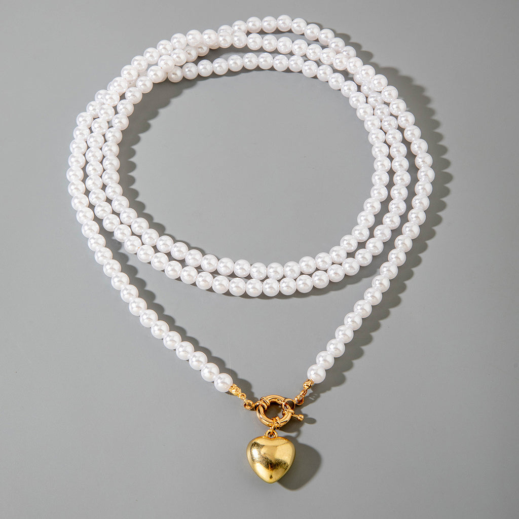 Ornament Layered Wear CCB Peach Heart Necklace Wholesale Baroque Metal Pendant Pearl Necklace