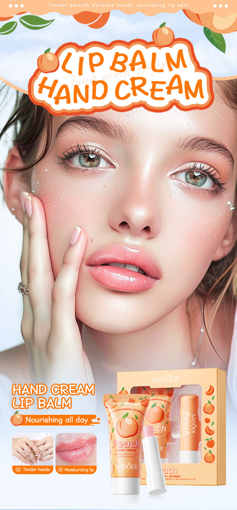 Peach Hand Cream Lip Balm Set SADOER Nourishing Autumn and Winter Hand Cream Lip Balm  Wholesale