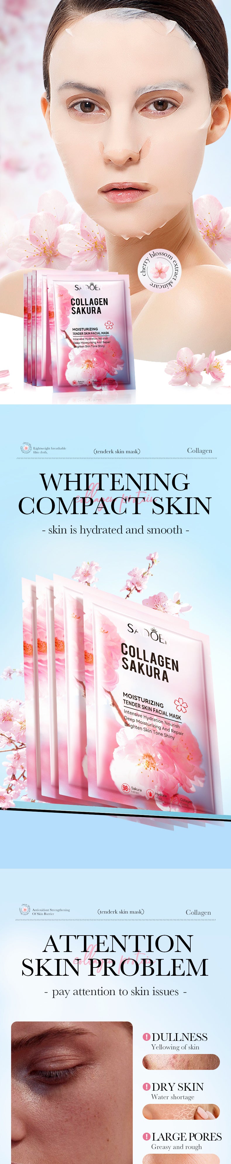 Sakura Facial Mask Sheet Pack SADOER Collagen Moisturizing Rejuvenating Nourishing Face Mask Cross-Border Wholesale