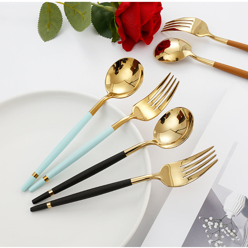 304Stainless Steel Portuguese Tableware Creative Lathe Craft Glossy Mirror Black Gold Round Spoon Dessert Spoon Fork