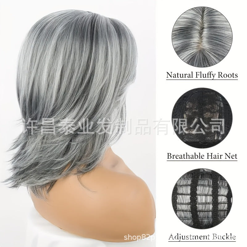 European and American Foreign Trade Cross-Border Wig for Women, Middle Part, Eight-Character Bangs, Middle-Aged and Elderly Fashion Short Straight Hair Full Wig, Factory Direct Sale